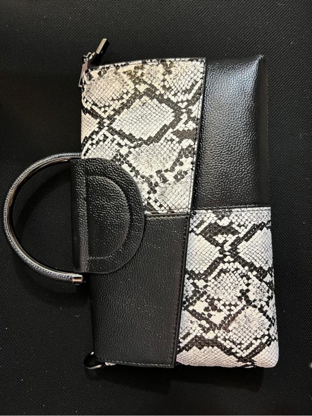 Black & White Snake-Print Top Handle Bag